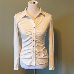 LOFT Cream Ruched Button-Down Shirt